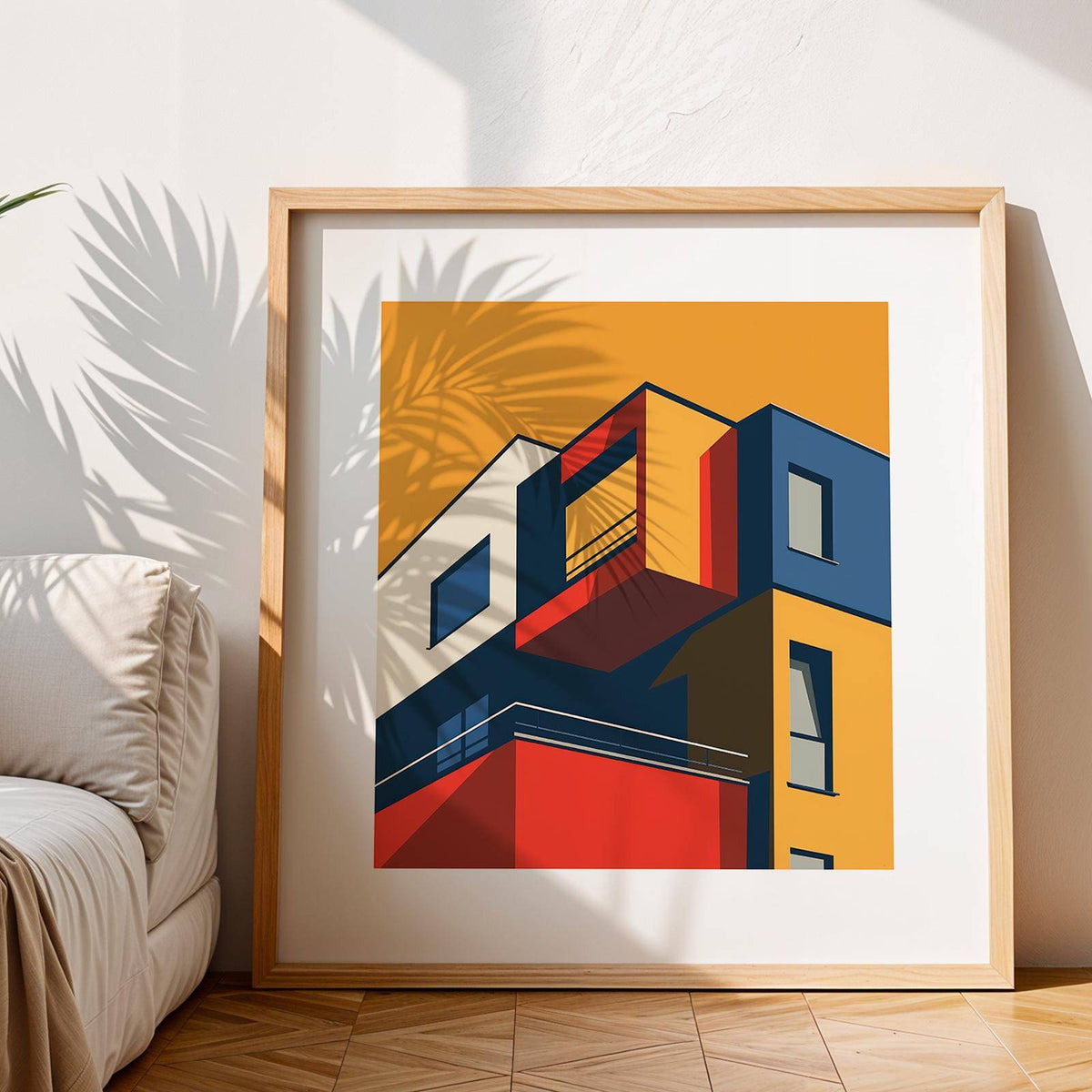 Framed Posters for Office Space print of a minimalist modern building facade with red, blue and orange colours near a sofa
