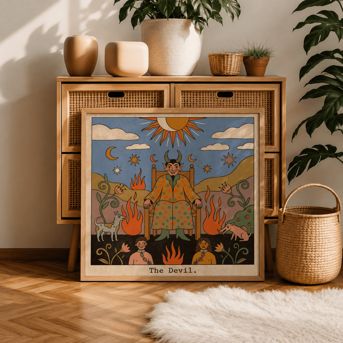 Print leaning on a cabinet of Tarot Card Devil Art in folk style with orange and blue hues next to a basket