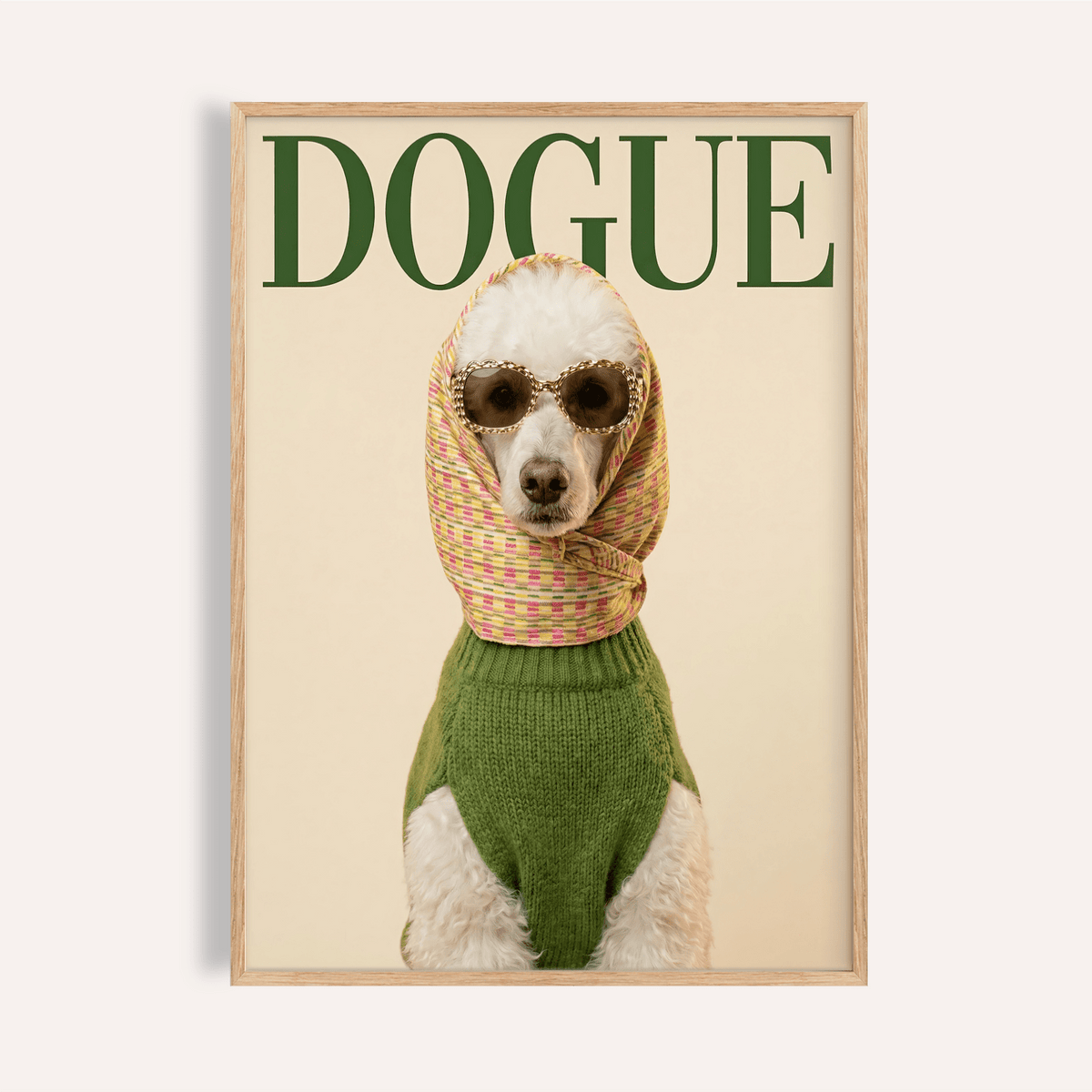 Fashion Poodle wall art showing a white poodle with a multicoloured scarf and green jumper in a wooden frame