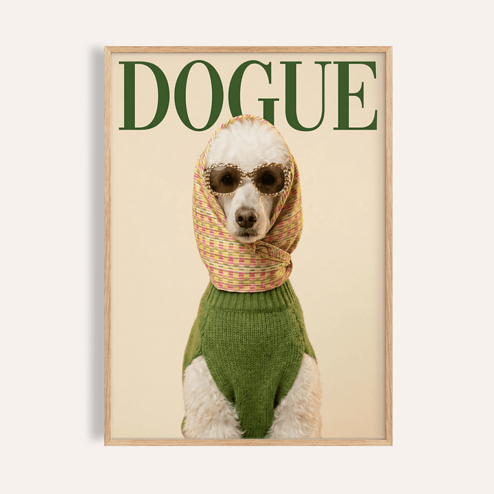 Fashion Poodle wall art showing a white poodle with a multicoloured scarf and green jumper in a wooden frame
