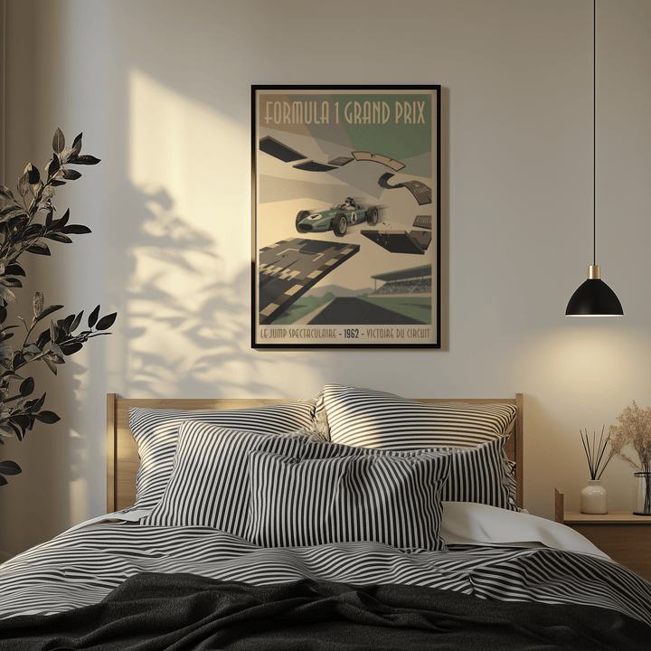 Retro Grand Prix Racing Poster above a bed with striped pillows in a bedroom with pendant light and plant