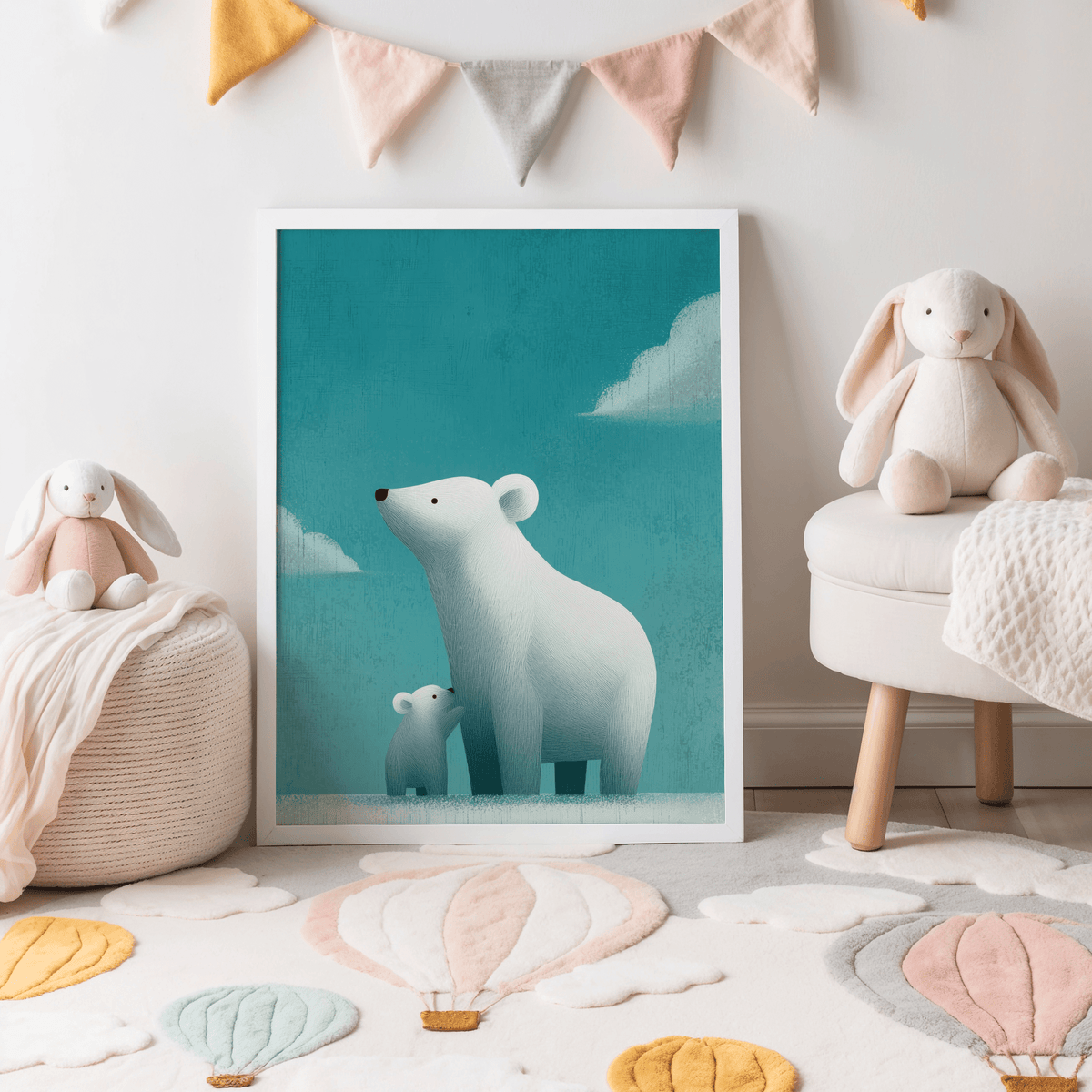 Polar Bear Print leaning on the floor in a children's room with soft toys and pastel hot air balloon rug