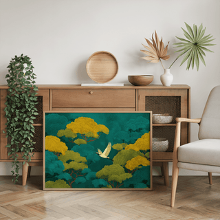 Colorful Japanese Nature Art print leaning on a wooden sideboard with green and yellow trees and a flying crane in a neutral room