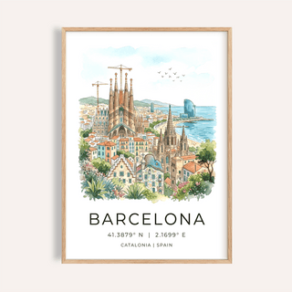 Framed Barcelona watercolor poster of the Sagrada Familia with text and geographic coordinates