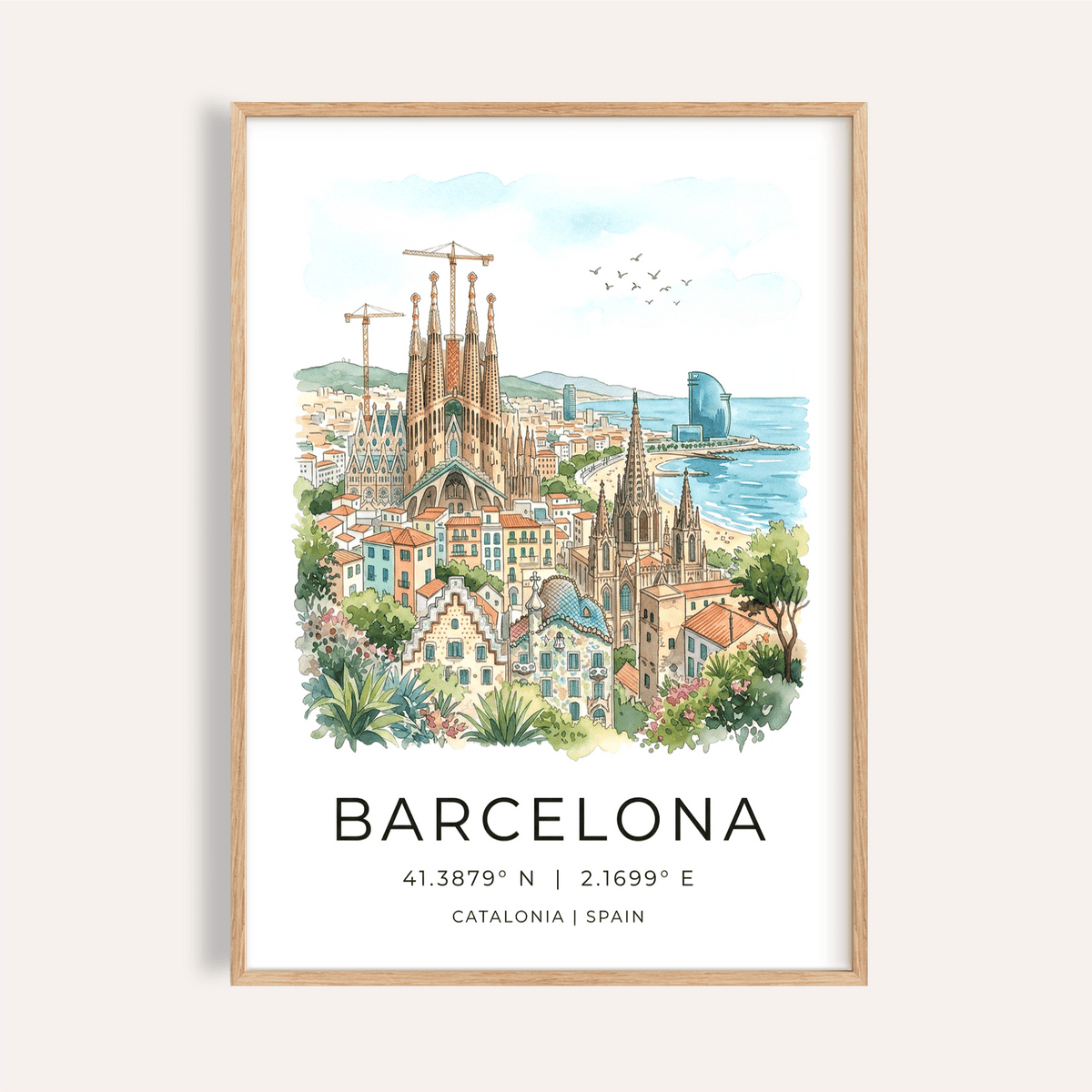 Framed Barcelona watercolor poster of the Sagrada Familia with text and geographic coordinates