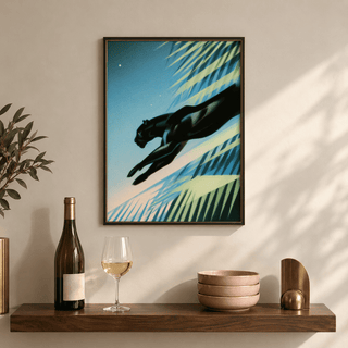 Framed Art Deco Black Panther Print with black panther leaping against blue and green leaves above a wooden shelf with wine bottle