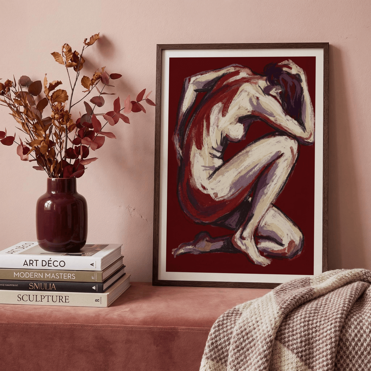 Painterly figure study print showing draped fabric and folded legs