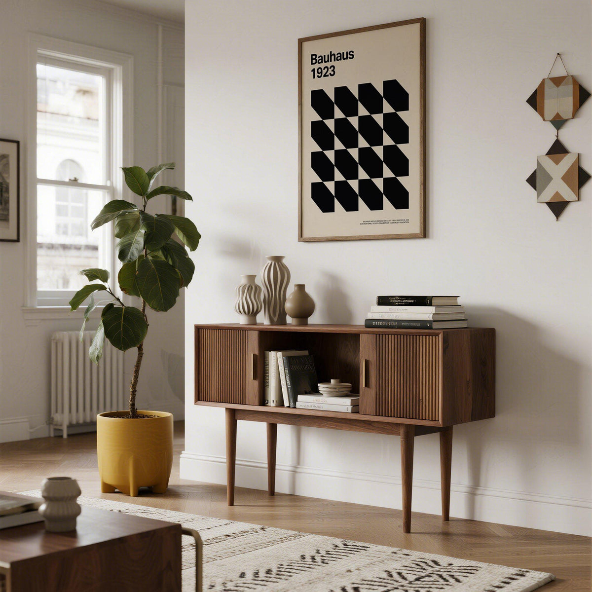 Corporate Office Artwork with a black geometric shapes grid in a minimalist living room over a wooden sideboard