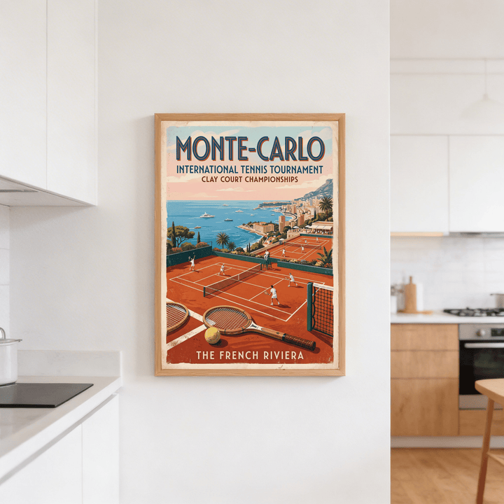 Monte Carlo Tennis Print on a wall showing a retro clay tennis court scene in a modern kitchen