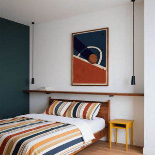 Vintage basketball poster with abstract shapes and muted colours above a bed with striped bedding