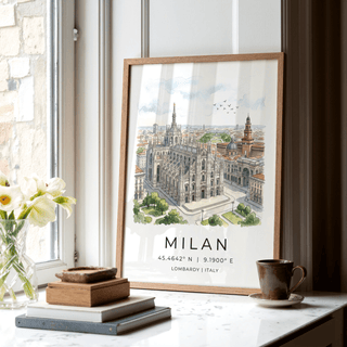 Milan Cathedral Art Print leaning on a white windowsill with a cup and books nearby