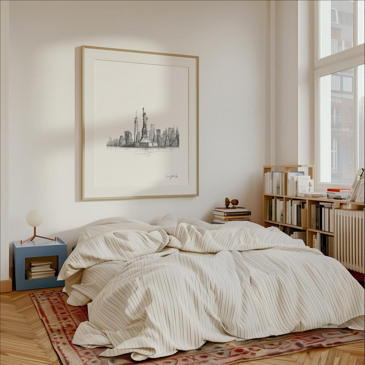 Print on a bedroom wall with a minimalist Statue of Liberty illustration in muted tones above a bed with striped bedding and a red