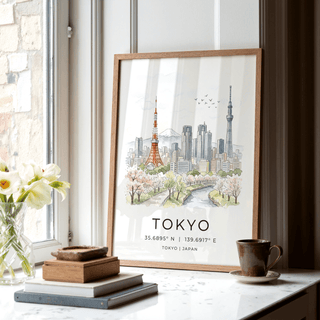 Framed Tokyo Skyline Art Print with cherry blossoms and cityscape detail on a windowsill with books and cup