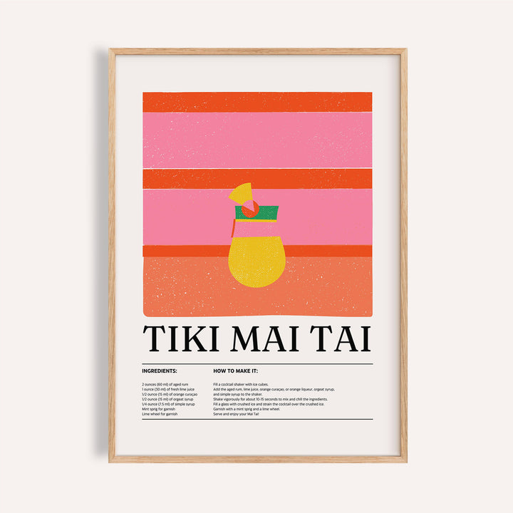 Framed Bar Wall Art showing a minimalist tiki mai tai cocktail illustration with pink and orange stripes