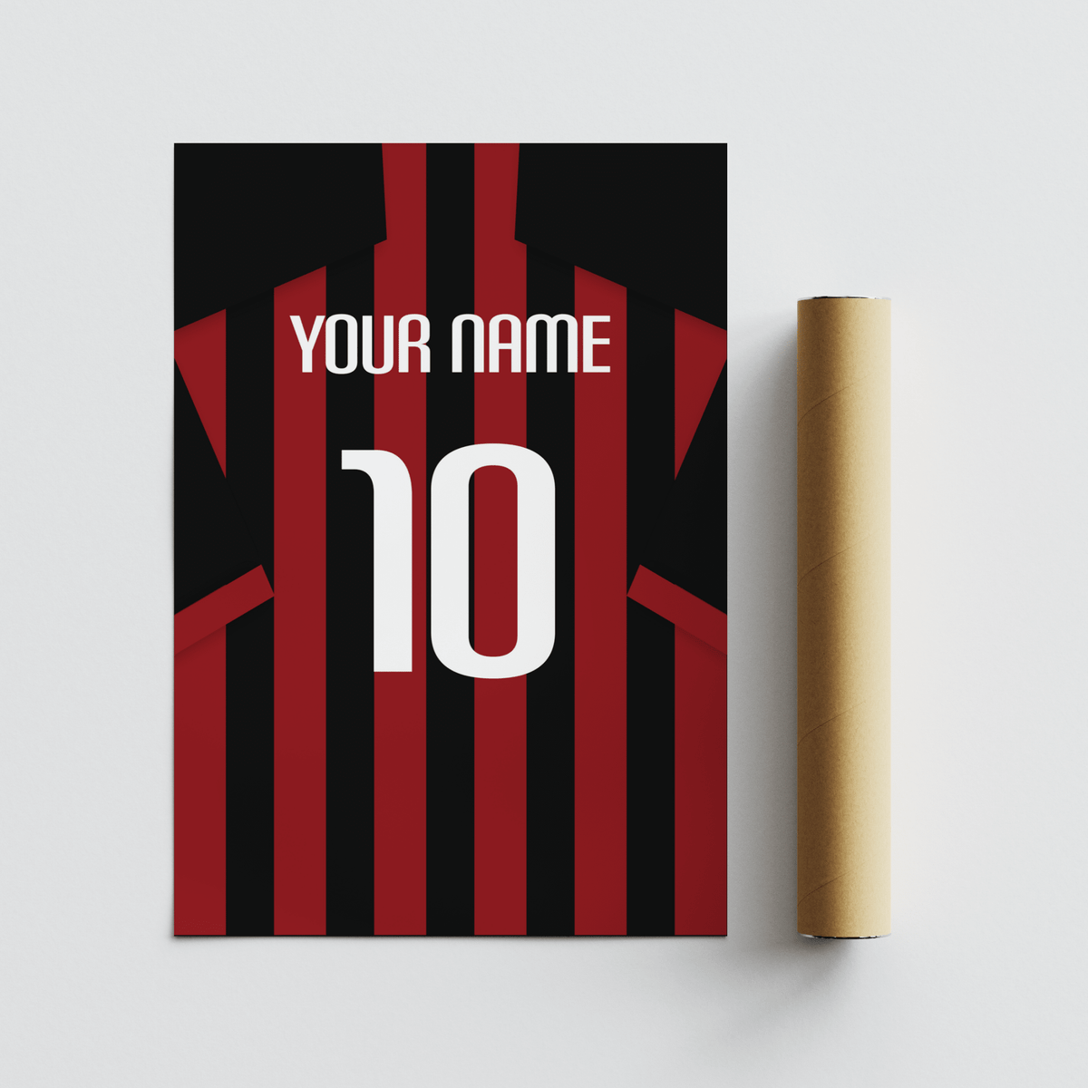 Rolled print and minimalist red and black striped football shirt poster with white text