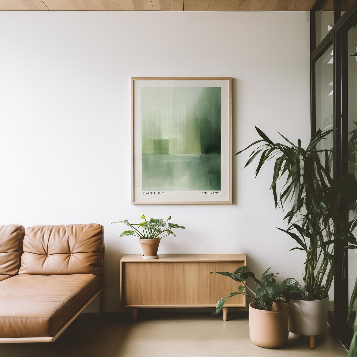 Green abstract wall art with green and beige shades above a wooden sideboard in a living room