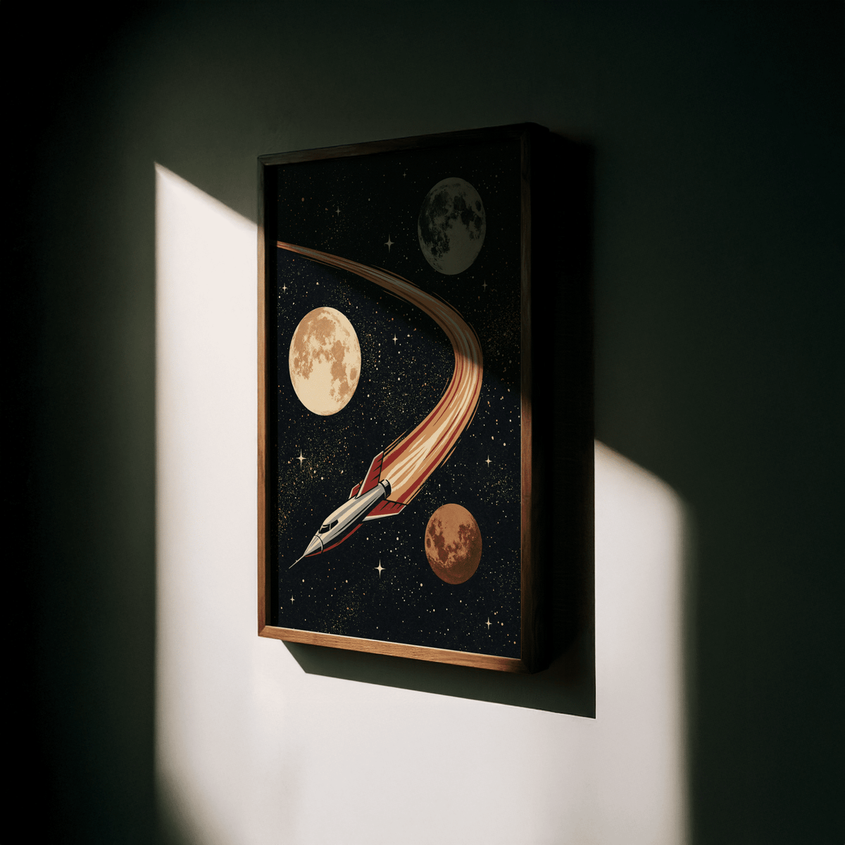 Framed Space Themed Wall Art with retro rocket and planets under natural light on a dark wall