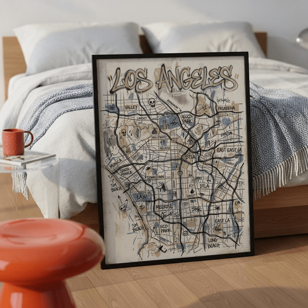Print leaning on a floor showing Los Angeles Map Art with beige grey and black details near a red stool