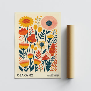 Wall Art Flowers stylised flower illustration with orange and yellow tones next to a brown packaging tube