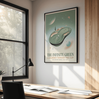 Surreal Golf Art framed print of a floating golf putting green in soft green and beige tones in a study