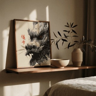 Print leaning on a shelf of a dragon head in Japanese ink style with a vase and bowl