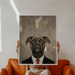 Framed Boxer Dog Poster held by a person above an orange leather sofa in natural light