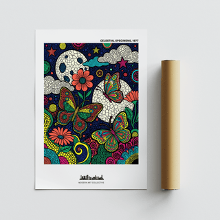 Psychedelic Nature Poster with colourful butterflies and floral abstract shapes beside a packaging tube