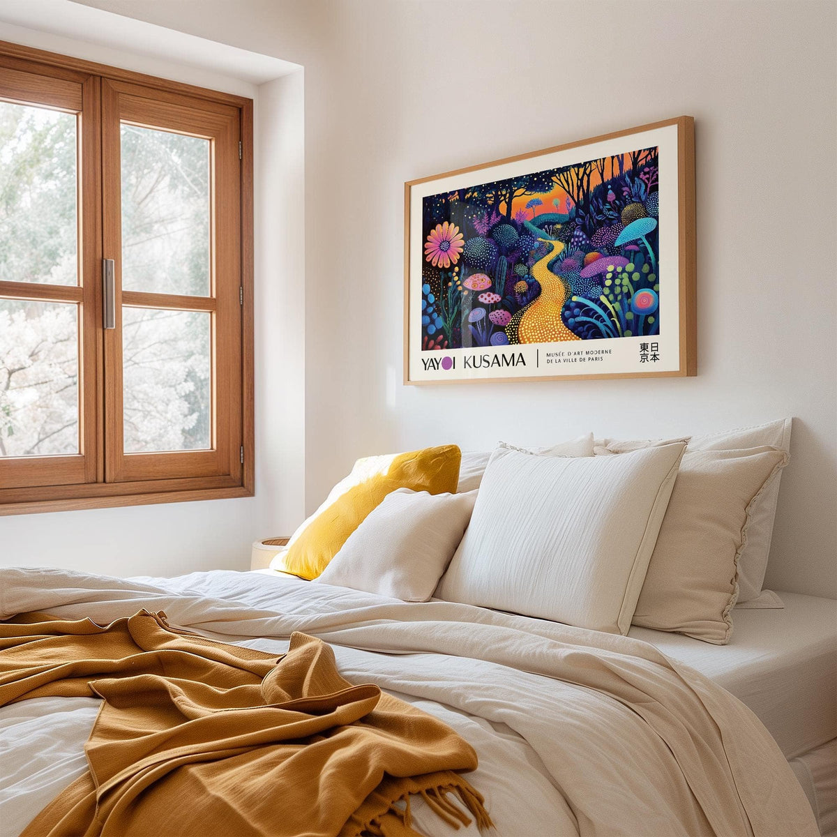 Print on a wall in a bedroom with a bed and window featuring a glowing yellow path with colourful abstract nature