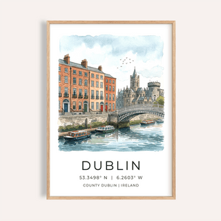 Framed Dublin City Art Print of river quay with boats and red brick buildings