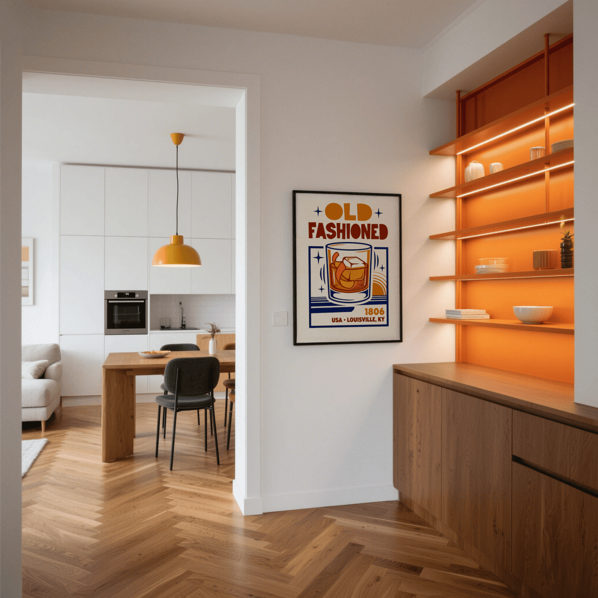 Old Fashioned Art Print hanging in a hall with orange-lit shelves and wooden floor