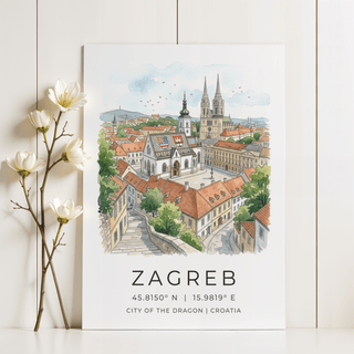 Zagreb City Art Print leaning against a wall with a branch of white flowers nearby