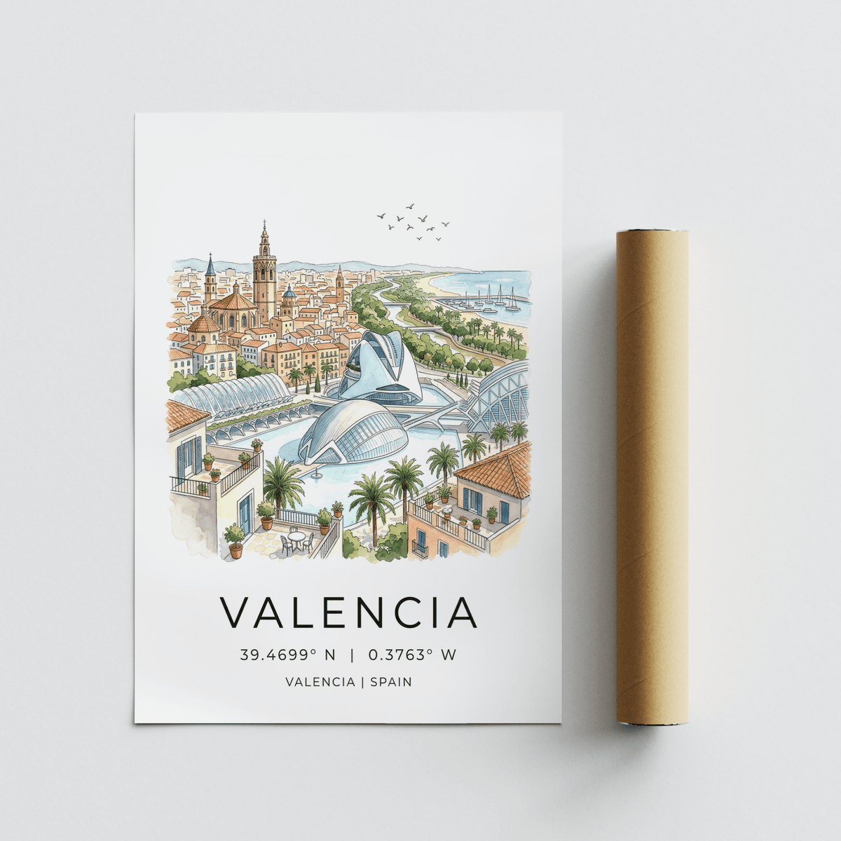 Spanish Landscape Poster flat artwork of a Valencia city view with watercolour tones beside a brown packaging tube