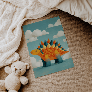 Cute Dinosaur Art Print of an orange stegosaurus dinosaur on a carpet with a teddy bear nearby