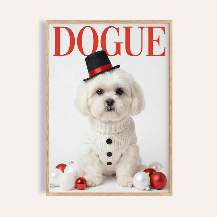 Framed Christmas Shih Tzu Poster of a white dog in a sweater and black hat with red and white baubles