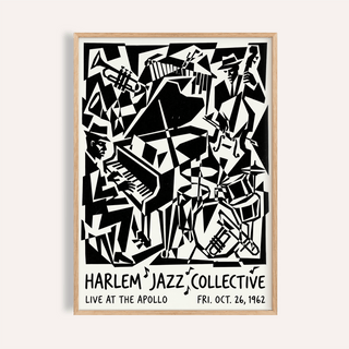 Framed Harlem Jazz Print of abstract jazz band in black and white line-art style