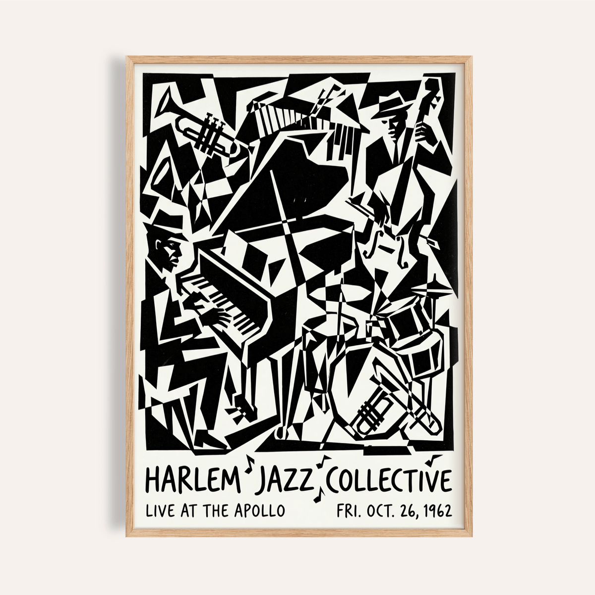 Framed Harlem Jazz Print of abstract jazz band in black and white line-art style