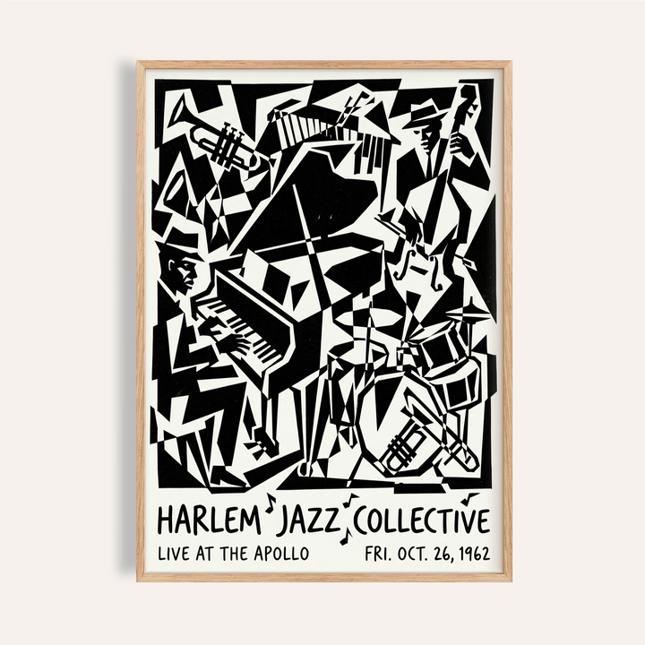 Framed Harlem Jazz Print of abstract jazz band in black and white line-art style
