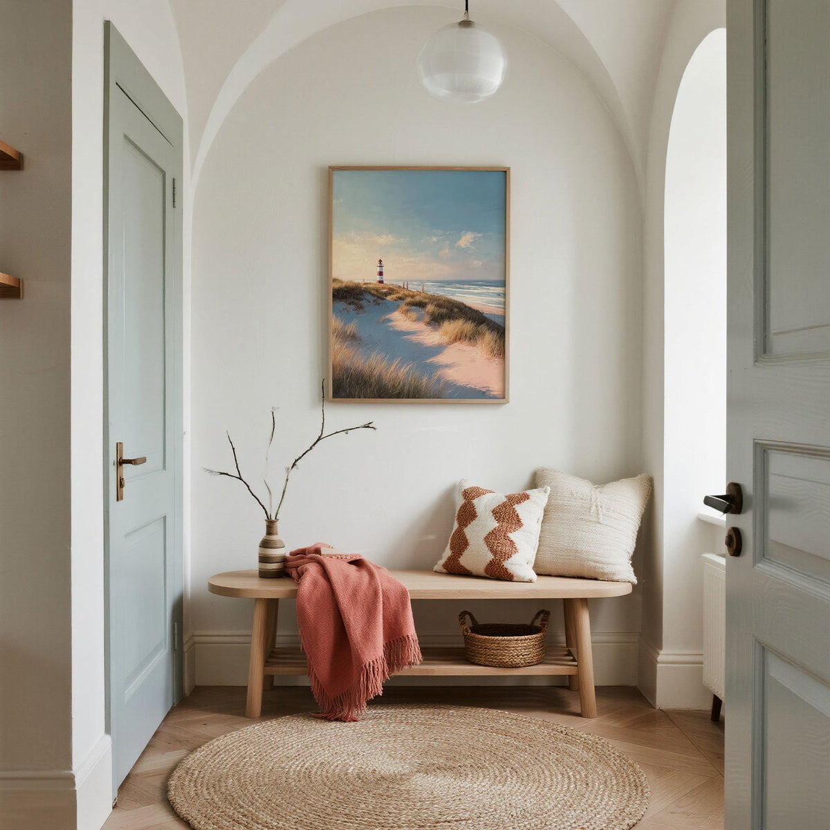 Lighthouse wall art of a red and white striped lighthouse above sandy dunes in a light hallway with a bench and cushions