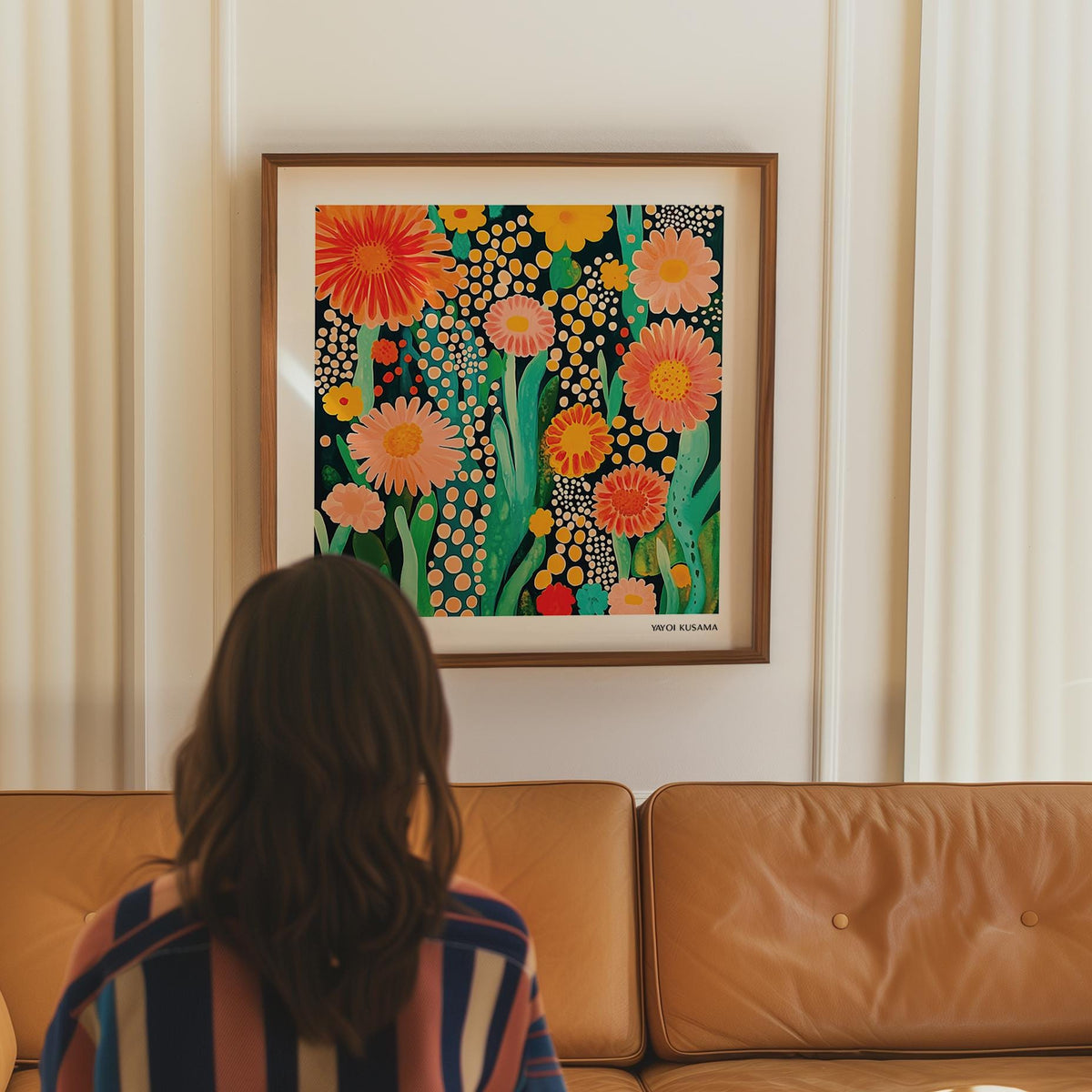 Flowers print framed with orange and pink flowers above a brown leather sofa