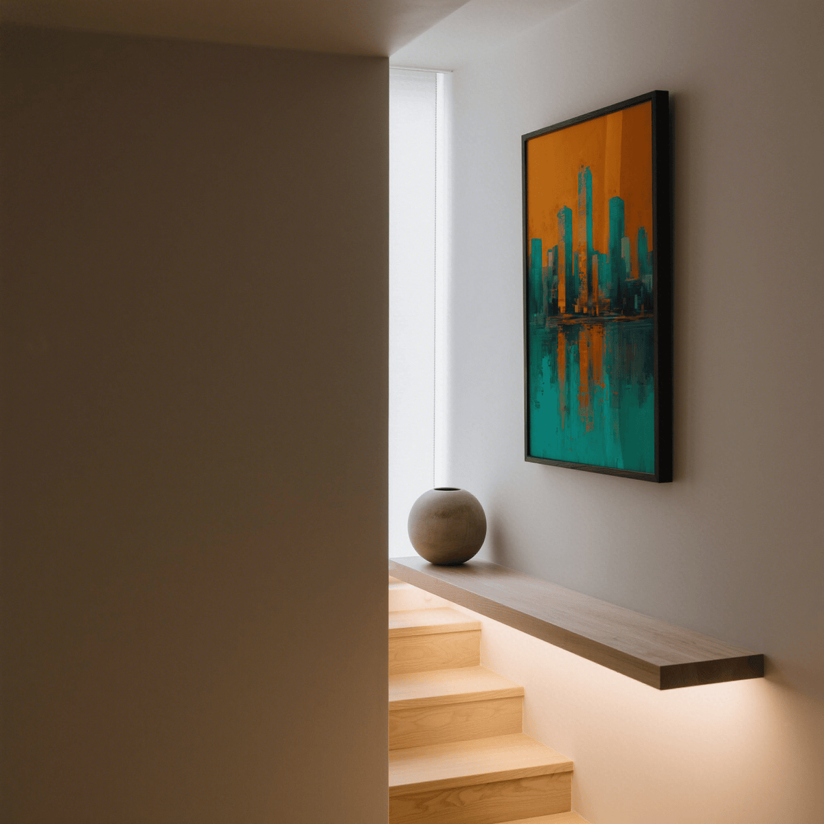 Modern skyline poster in orange and turquoise hanging on a grey wall above a wooden shelf with a round ceramic vase