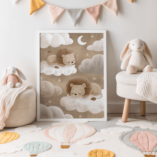 Print of sleeping lions on clouds in soft brown tones leaning on the floor by a rabbit plush in a nursery