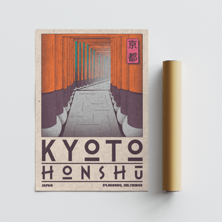 Kyoto Honshu wall art vintage illustration with orange torii gates and grey pathway with kraft paper tube