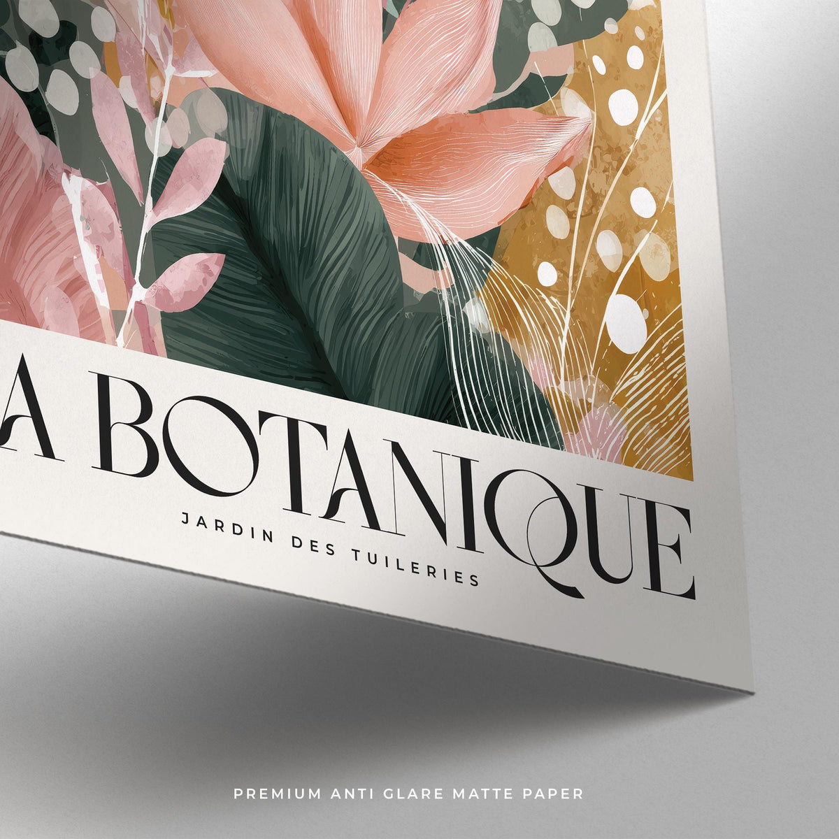 Flower prints close-up of abstract botanical leaves and text on matte paper