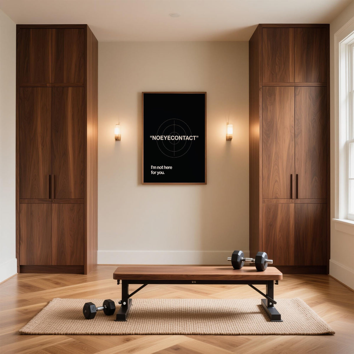 Gym art typographic phrase in white on black framed and hung between wooden cabinets