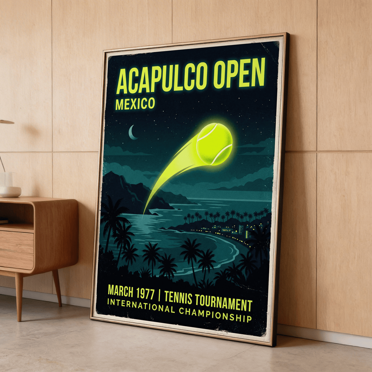 Acapulco Open Tennis Art Print leaning on a floor against a wooden wall near a cabinet