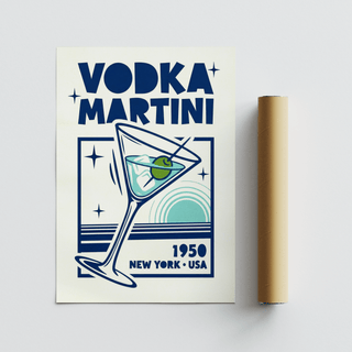Vodka Martini Poster flat print with a minimalist blue and green illustration and a brown packaging tube
