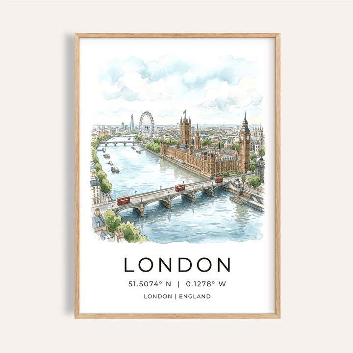Framed London cityscape print with Big Ben and the river Thames in blue and brown tones