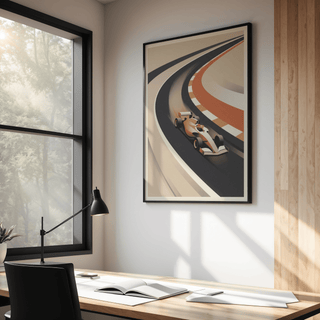 Vintage Motorsport Poster print of a minimalist retro race car on a curved track in a bright office