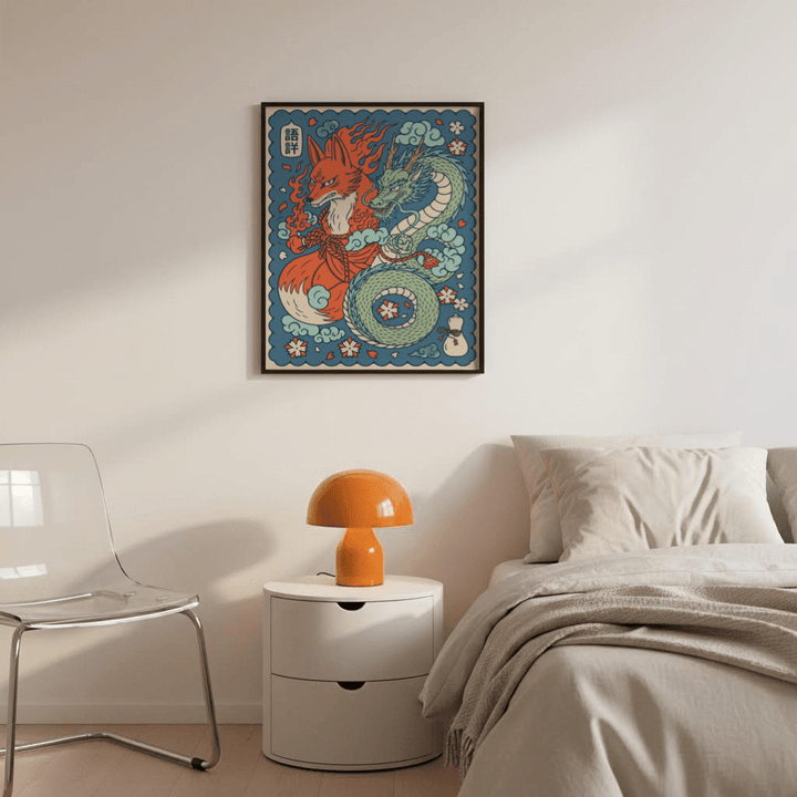 Mythical Creature wall art of a fox and dragon in japanese-ink style above a bedside table with an orange lamp