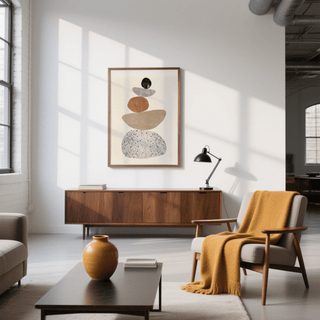 Modern Pebble Print framed print close-up with neutral colours above mid-century sideboard and desk lamp